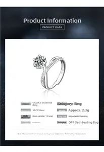 Detailed specs card of 925 sterling silver bypass ring with 1ct moissanite diamond