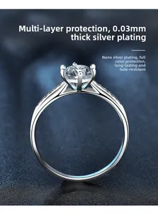 Detailed macro of silver ring with nano-plating layers and six-prong Moissanite setting