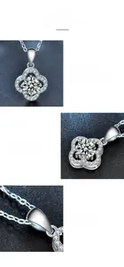 Macro detail of S925 silver four-leaf clover moissanite pendant with four-claw setting