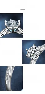 Macro shot of 925 silver six-prong setting Moissanite ring with detailed side diamonds