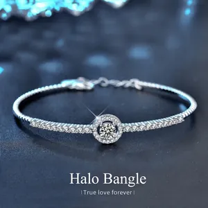 Luxury 925 Sterling Silver Moissanite Bracelet For Women Round Halo Adjustable Chain Bangle With GRA Certificate Jewelry Gift