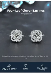 Macro shot of 925 sterling silver four-leaf clover earrings featuring moissanite stones