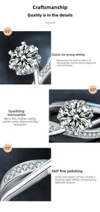 Macro detail of 925 silver moissanite ring with six-prong setting and polished finish