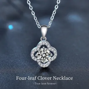 S925 Sterling Silver Four Leaf Clover Moissanite Pendant Necklace Round Cut Lab Diamond Clavicle Chain Jewelry For Women Gift