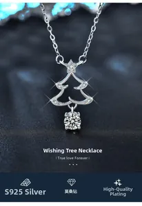 Macro detail of S925 silver wishing tree necklace with moissanite and premium plating
