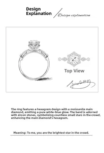 Detailed technical sketch of 925 sterling silver hexagram ring with moissanite stones