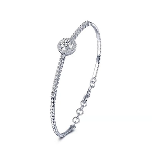 Elegant 925 sterling silver open bracelet featuring a round moissanite center and pave diamonds