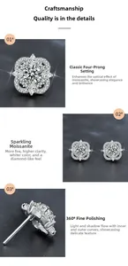 Macro detail of 925 sterling silver four-prong moissanite flower stud earrings