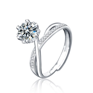 Elegant 925 sterling silver moissanite ring with six-prong setting on a reflective white base