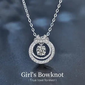 925 Sterling Silver Moissanite Bow Necklace For Women Double Layer Dancing Stone Pendant Chic Commuter Fashion Jewelry