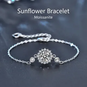 Bracelet Tournesol Moissanite en Argent Sterling 925 Pour Femmes Couleur D VVS1 Chaîne Réglable Bijoux Floraux