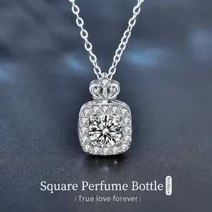Luxueux Collier Pendentif Flacon de Parfum Couronne en Argent Sterling 925 Moissanite pour Femme Bijoux Cadeau