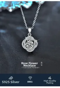 Macro detail of S925 sterling silver rose pendant with a sparkling moissanite stone
