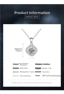 Detail view of S925 sterling silver rose necklace with a 1ct moissanite diamond stone