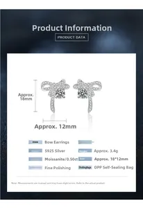 Detailed product data of S925 silver bowknot earrings with 50 point Moissanite stones