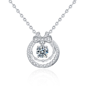 Double-layered 925 silver necklace featuring a bow pendant and moissanite stones