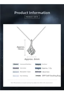 Detailed product card showing 925 silver figure necklace dimensions and moissanite specs