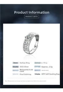 Detailed product specifications for S925 silver adjustable ring with 50 point moissanite