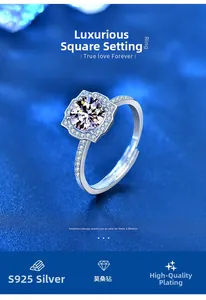 Detailed shot of S925 silver ring with 1ct moissanite and square halo setting