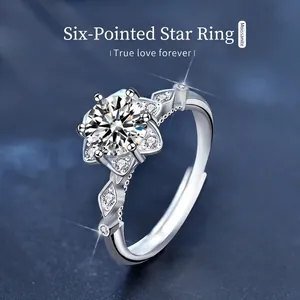 Luxury 925 Sterling Silver Moissanite Ring For Women Hexagram Star Adjustable Finger Ring Fashion Jewelry Proposal Gift