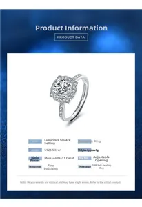 Detailed specifications of S925 silver ring featuring a 1-carat moissanite stone