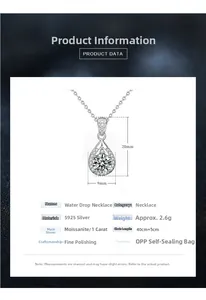 Schema dettagliato con dimensioni della collana a goccia in argento 925 e moissanite