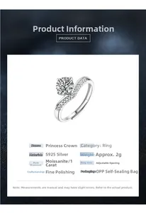 Détail de la bague couronne en argent S925 avec diamant moissanite 1ct et anneau réglable