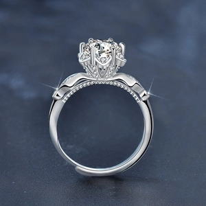 925 Sterling Silver Moissanite Ring with Lotus Setting and Sparkling Side Stones