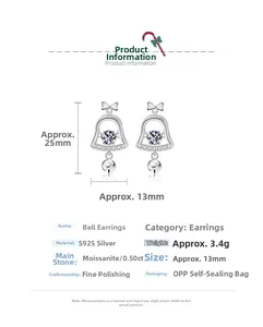 Detailed view of S925 silver Christmas bell earrings with 0.5ct moissanite stones