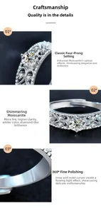Macro detail of moissanite ring with four-prong setting and carved hollow side details