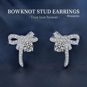 925 Sterling Silver Moissanite Bow Stud Earrings Minimalist Elegant Ribbon Design Micro Inlaid Women Jewelry Gift