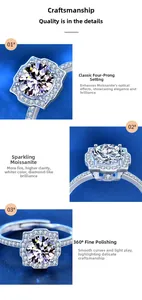 Macro view of four-prong moissanite ring with halo square accents and adjustable S925 band