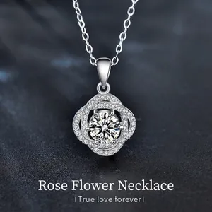 925 Sterling Silver Rose Pendant Necklace For Women Round Moissanite Flower Clavicle Chain Jewelry With GRA Certificate