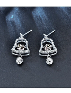 Detailed close-up of 925 sterling silver Christmas bell earrings with moissanite accents