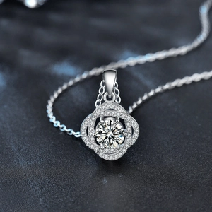 S925 sterling silver rose flower necklace with moissanite pendant on black background