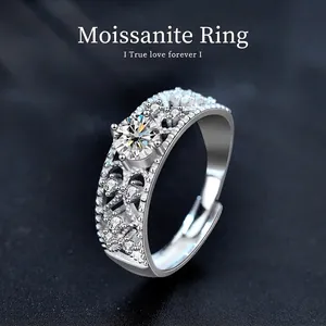 Luxury 925 Sterling Silver Moissanite Adjustable Open Ring With GRA Certificate For Women Vintage Hollow Lace Design Rhinestone Inlaid Jewelry