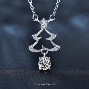 925 Sterling Silver Christmas Tree Moissanite Pendant Necklace For Women Luxury Electroplated Hollow Star Holiday Jewelry