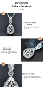 Dettaglio della collana in moissanite a goccia con castone a quattro griffe e argento lucido