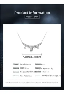 Detailed close-up of S925 silver lace princess necklace with moissanite stone and 31mm width