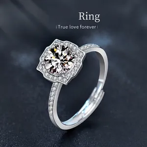925 Sterling Silver 1 Carat Moissanite Ring Square Halo Pavé Shank Adjustable Engagement Ring For Women Fashion Jewelry