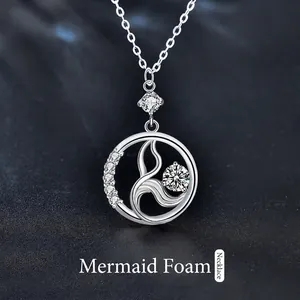 925 Sterling Silver Mermaid Bubble Moissanite Necklace Niche Design Hollow Circle Mermaid Tail Pendant Long Sweater Chain For Women Jewelry