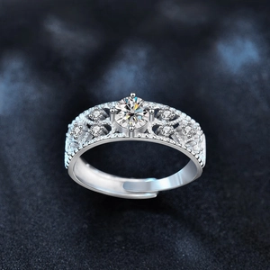 Moissanite 925 silver open ring with vintage hollow filigree and six-prong round cut stone