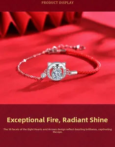 Détail du bracelet en corde rouge avec breloque tigre en argent et pierre moissanite