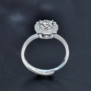 S925 sterling silver 1 carat moissanite ring with four-claw halo and adjustable open band