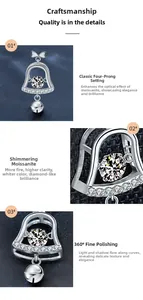 Close-up of moissanite Christmas bell earrings in 925 silver with tassel detail