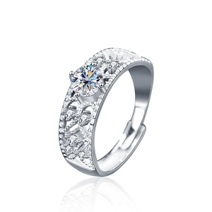 Adjustable 925 sterling silver moissanite ring with intricate filigree and side stones