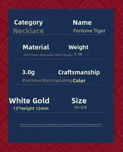 Detailed specifications for S925 sterling silver tiger necklace with moissanite pendant