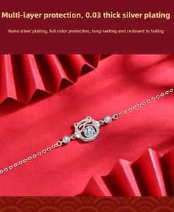 Detail of 925 silver lucky cat bracelet with moissanite and multi-layer plating protection