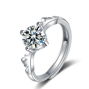 Adjustable 925 sterling silver ring with moissanite center stone and wing-shaped relief