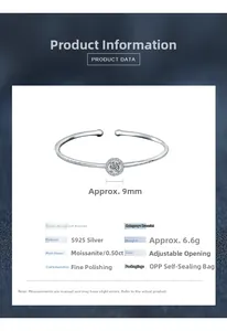 Macro detail of S925 sterling silver moissanite bangle showing product specifications
